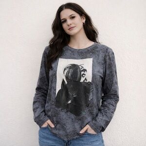 JNBY Gray Graphic Grunge Print Long Sleeve Top - Edgy Artwear Streetwear Small